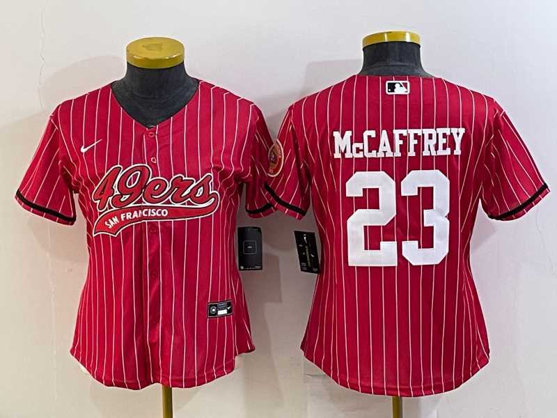 Womens San Francisco 49ers #23 Christian McCaffrey Red Pinstripe With Patch Cool Base Stitched Baseball Jersey